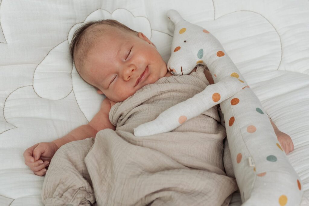 Ein Baby schläft mit einem Giraffenstofftier.